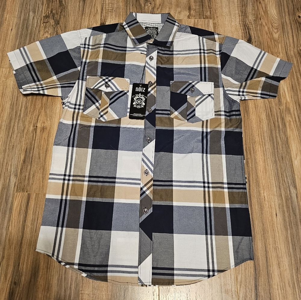 NWT Noize Navy and Tan Button Down Shirt